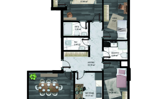 130.11 m2 a-b-c-d orta daireler